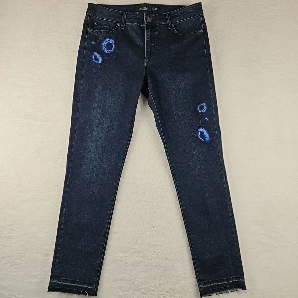 LRL Ralph Lauren Jeans Co Floral Blue Denim Skinny Crop Raw‎ Hem Womens 4 31x26